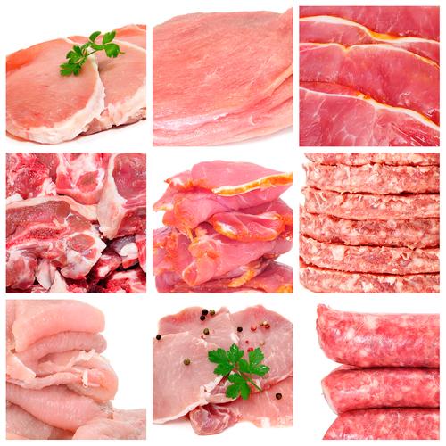 九個不同的肉類產品拼貼圖食物各種加工冷鮮肉產品上木菜板產品倉庫